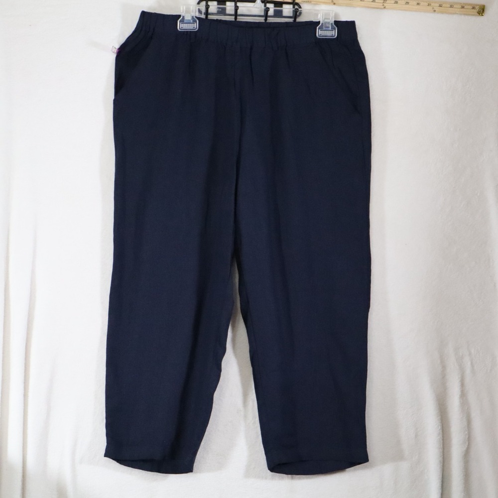 Quince Womens XL Navy Blue Linen Pull On Pants Cropped Tapered Elastic Pockets